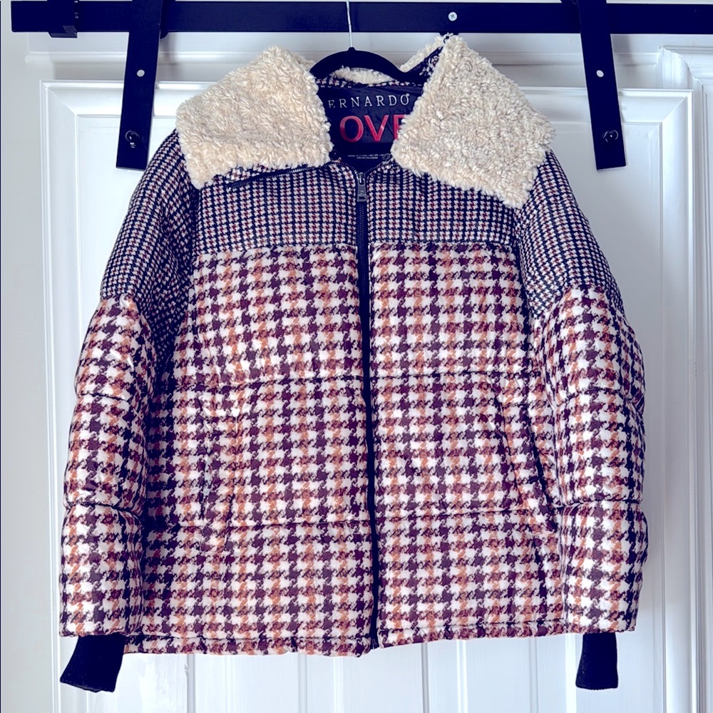Bernardo Houndstooth Puffer Jacket with Shearling Collar
